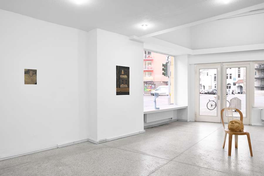 Image of artworks installed in our new Cologne gallery, ECHO, with the inaugural exhibition NEW MEMORIES on view. On the left are two drawings on the wall by Christopher Culver next to a sculpture by Marina Xenofontos on the floor.