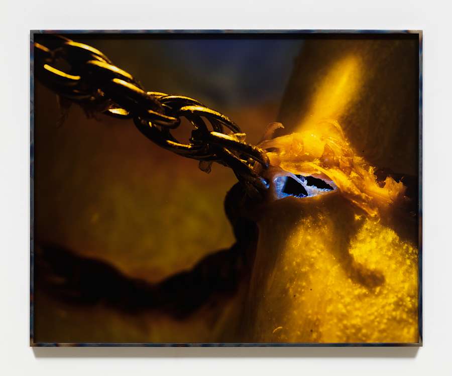 A framed photograph resembling a knot of chains rendered in a range of yellow and blue colors.