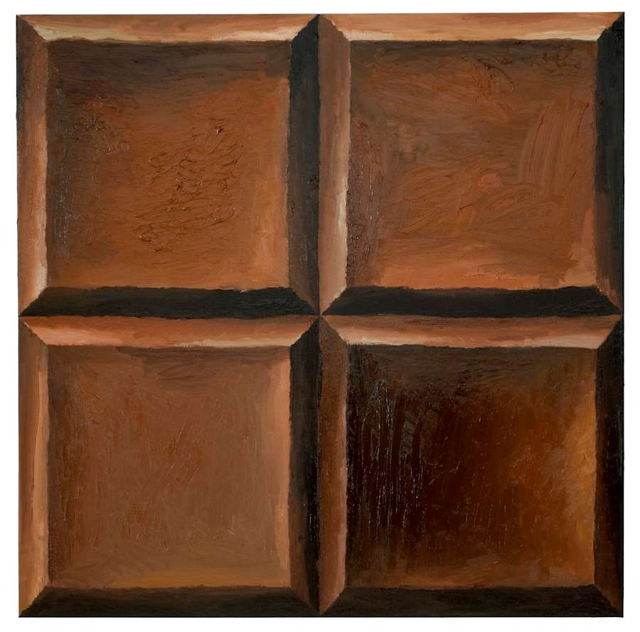 Oil on canvas painting by Viktor Kopp depicting a square of four pieces of chocolate filling the entire canvas.