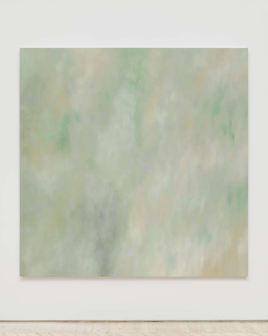A large, square abstract painting rendered in a range of greens and grays.