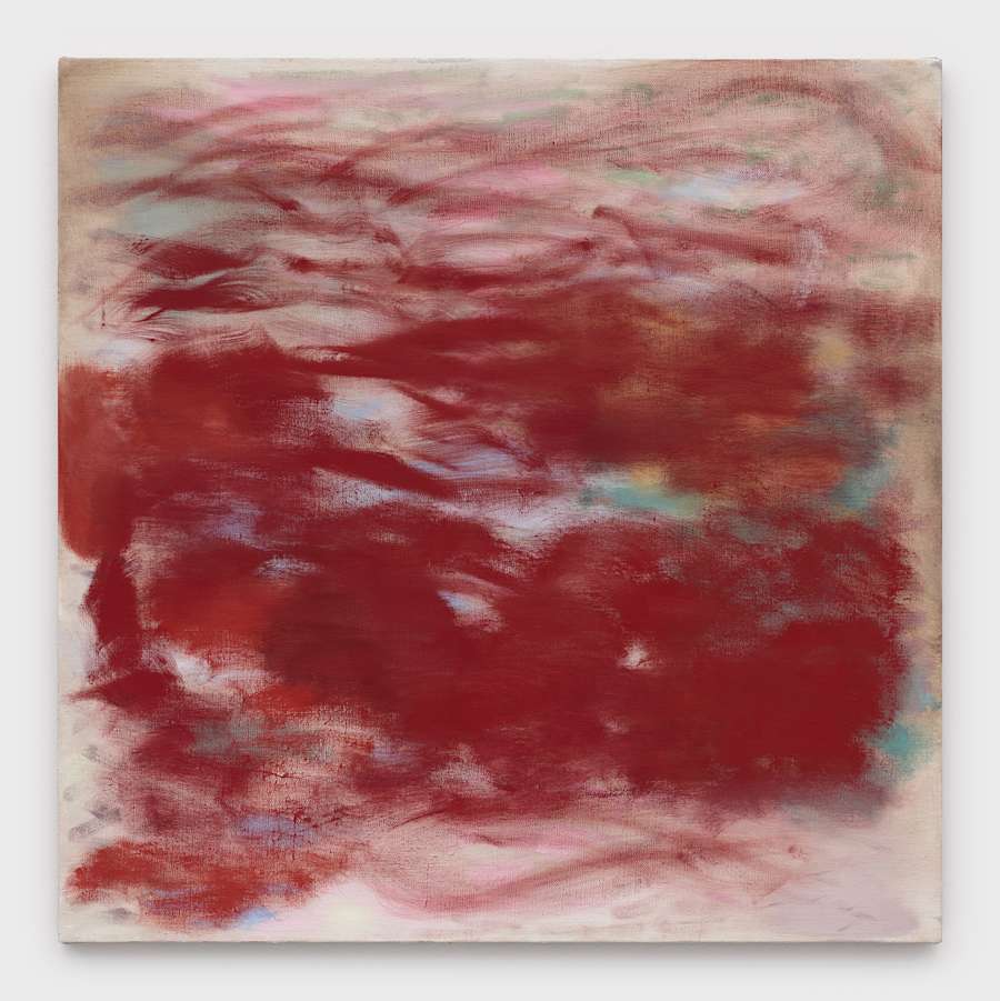 Image of oil on linen painting by kate Spencer Stewart with an atmospheric brushy wash of crimson paint over a pale background with hints of green and yellow underneath