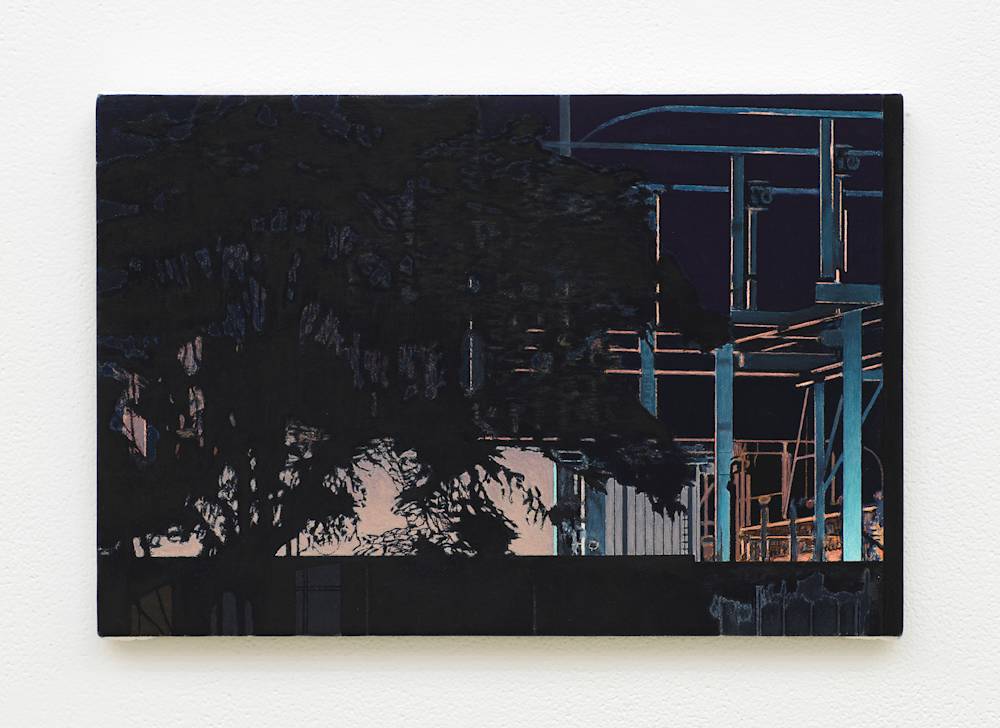 Image of a painting by Caleb Considine that depicts a power station at night, with a tree in silhouette in front of the station.