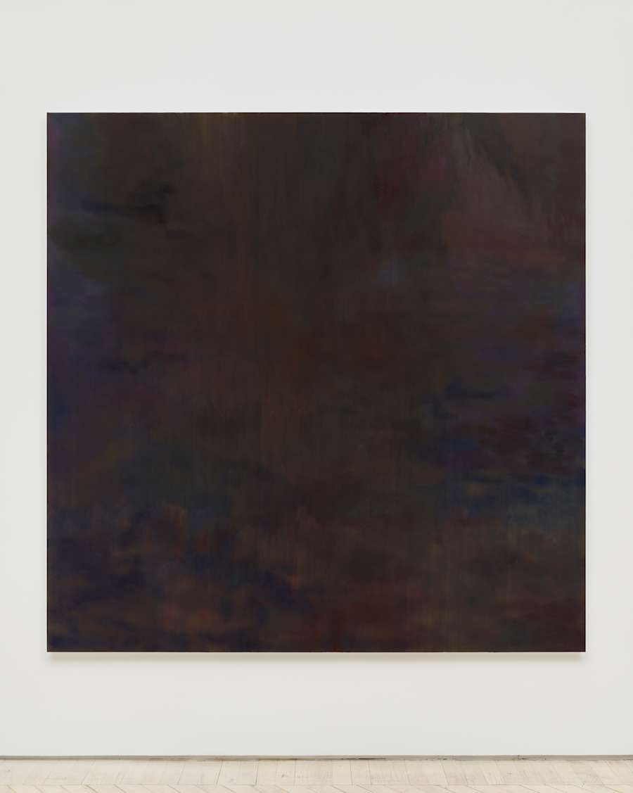 A large, square, abstract painting rendered in dark purples with gestural accents.