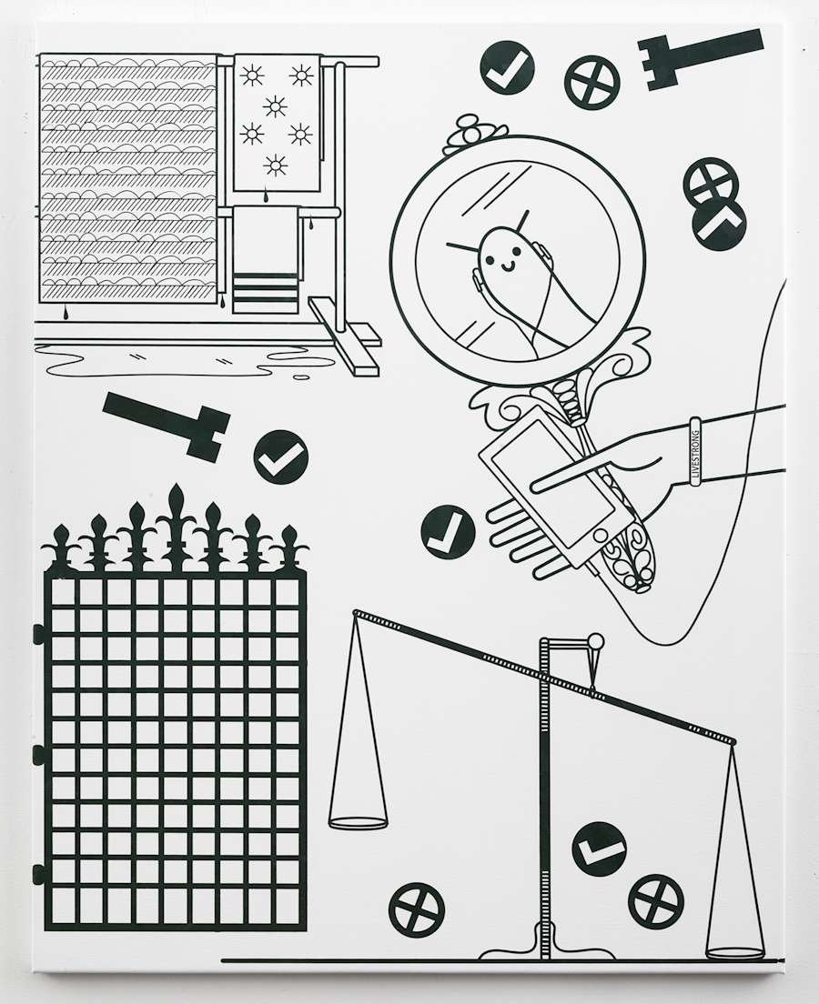 Image of an oil on canvas painting depicting a number of objects floating on a white background including: towels on a towel rack, a chess grid, scales of justice, a hand holding an iPhone and a mirror.