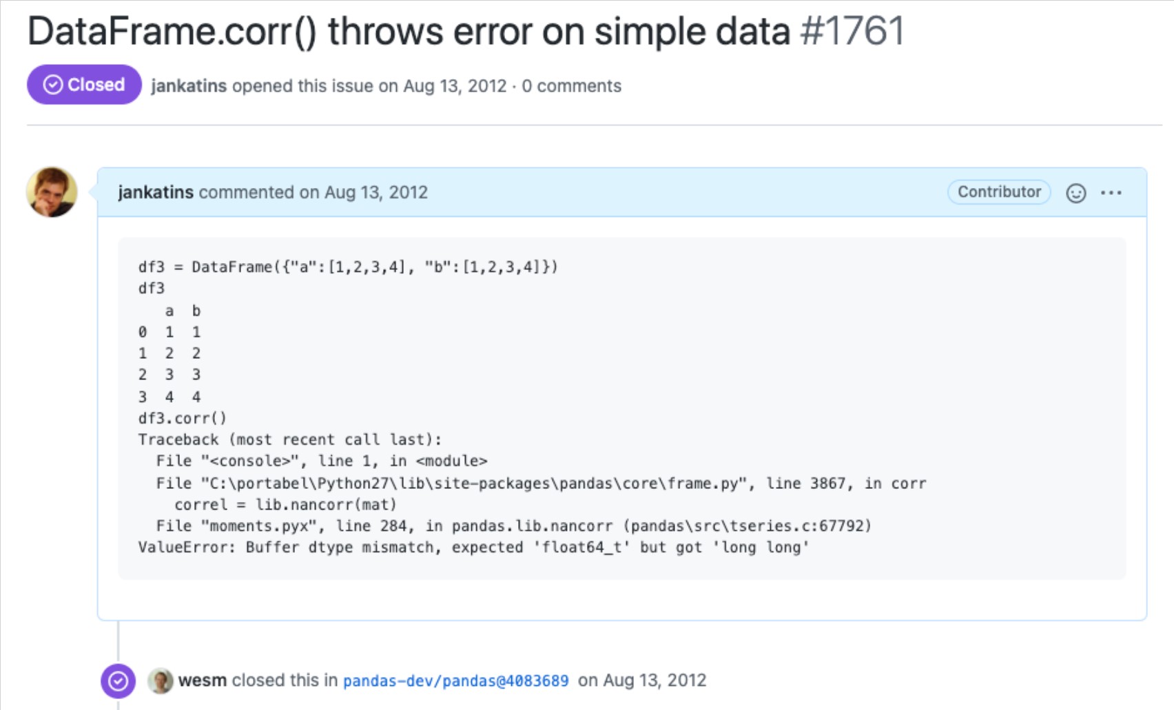 DataFrame.corr throws error on simple data #1761
