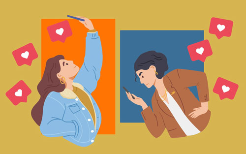 An illustration of two women looking at social media on their cell phones. Squares representing Facebook and Instagram post sizes appear behind them.