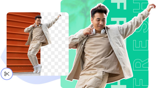 Photo of a man jumping with a background partially removed behind him. To the right is the same image with a design background behind it, using outline feature and text.