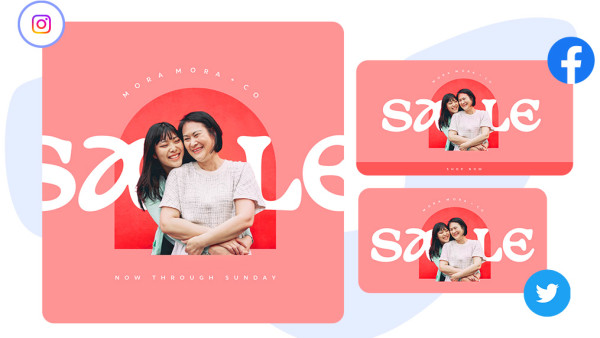 3 social posts, each with a different photo size, are shown next to each other. Instagram size, Facebook size, and Twitter size are shown. 3 social posts, each with a different photo size, are shown next to each other. Instagram size, Facebook size, and Twitter size are shown.