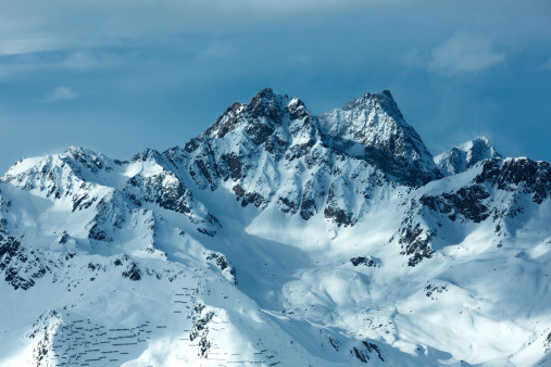 Winter Silvretta Alps landscape. Ski resort Silvrettaseilbahn AG Ischgl, Tyrol, Austria.