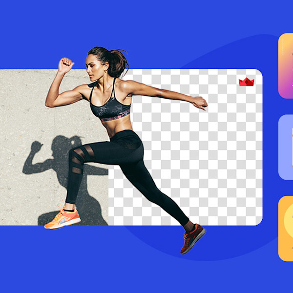 Photo of a woman running with background removed behind her, using 1-click background remover. A transparent background shows on one half and a paper texture on the other half of the background.