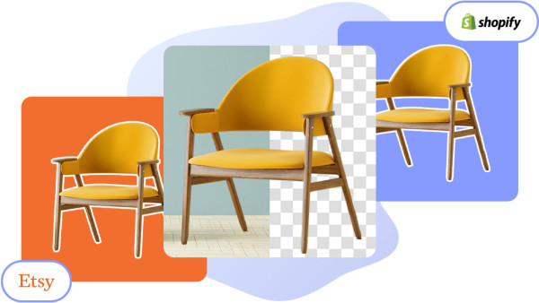 Image showing a chair photo in the center, with background partially removed. On the left and right is the same chair with a colored background behind it, for Shopify and Etsy.
