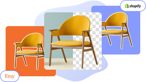 Image showing a chair photo in the center, with background partially removed. On the left and right is the same chair with a colored background behind it, for Shopify and Etsy. Image showing a chair photo in the center, with background partially removed. On the left and right is the same chair with a colored background behind it, for Shopify and Etsy.
