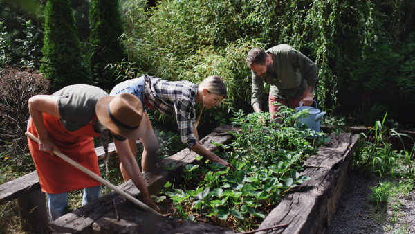 Fröhliche junge und alte Bauern, die mit Gartenwerkzeugen im Freien auf dem Bauernhof arbeiten.