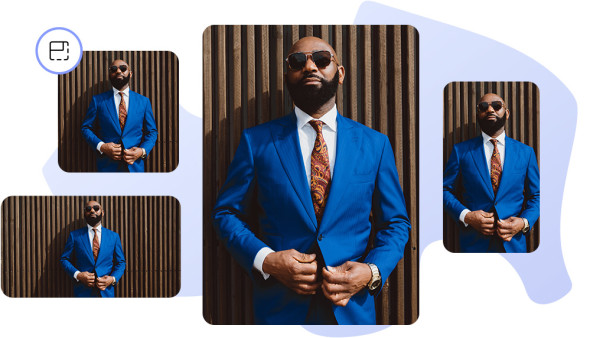 Multiple versions of the same image, a photo of a man in a suit, appear. A resize icon appears to the left.