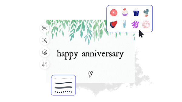 How to make an anniversary card "1. Click a template or blank canvas you like, from the gallery above, and it'll appear in the Create editor.
2. Time to customize: change out the photos and graphics, if you like — add your own or choose a free image from our massive library.
3. Change the text and add text effects like drop shadows, outlines, or colors. You won't find text tools this good anywhere else.
4. Download your design. It's yours, free, forever. Whatcha gonna make next, design pro?"