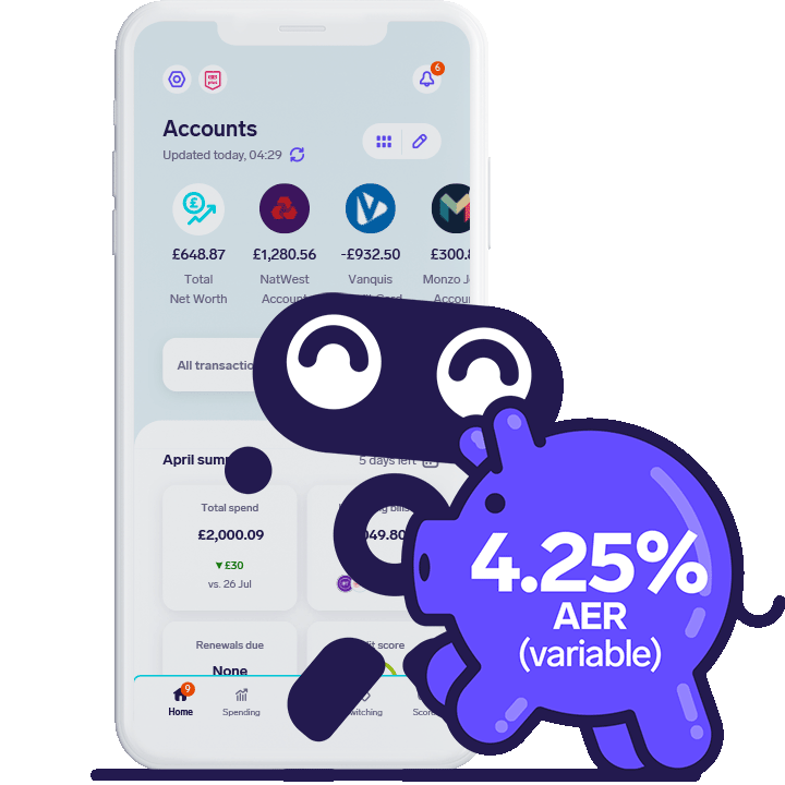 Snoop jumping for joy in front of the Snoop app home screen and a piggy-bank with a rate of 4.25% AER (variable)