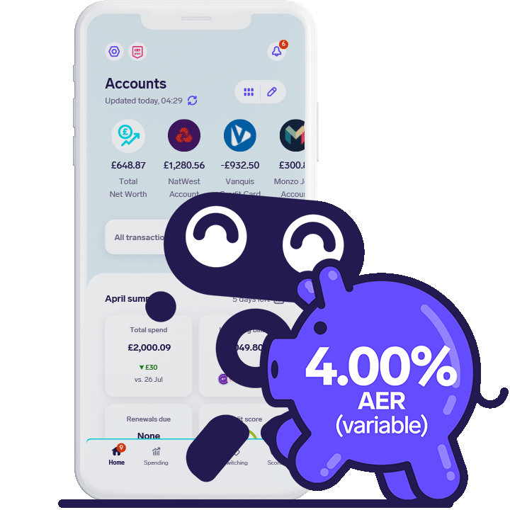 Snoop jumping for joy in front of the Snoop app home screen and a piggy-bank with a rate of 4.00% AER (variable)