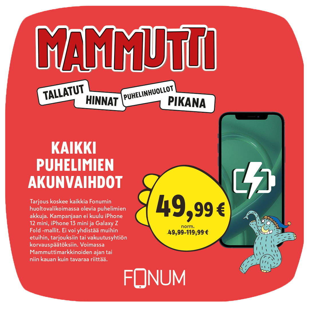 Fonumin Mammuttimarkkinatarjous: Kaikki puhelimien akunvaihdot 49,99 €