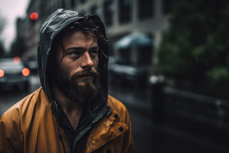  bearded man in a rain