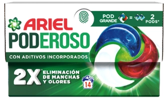 Envase de Ariel Poderoso con un POD® de cuatro compartimentos y mensajes sobre aditivos incorporados y doble eliminación de manchas y olores.