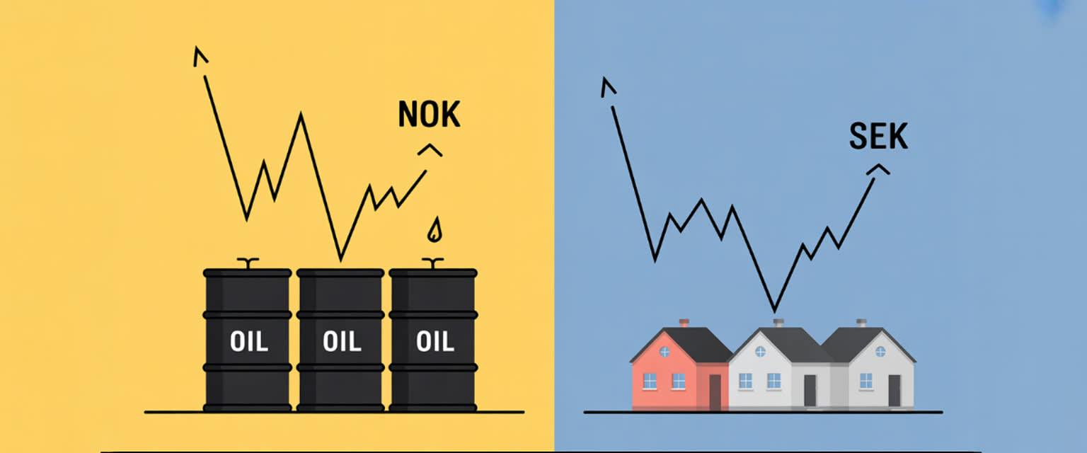 NOK med oljetønner, SEK med hus, som viser divergerende trendlinjer. NOK med oljetønner, SEK med hus, som viser divergerende trendlinjer.