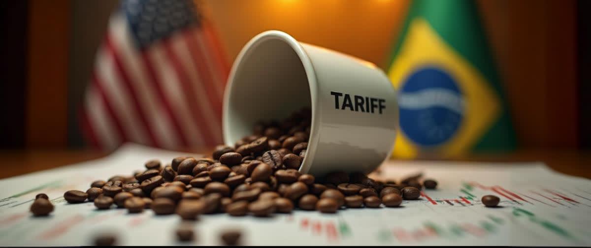 Roasted beans spill from a “TARIFF” cup onto a trading chart, US–Brazil flags blurred behind. Roasted beans spill from a “TARIFF” cup onto a trading chart, US–Brazil flags blurred behind.