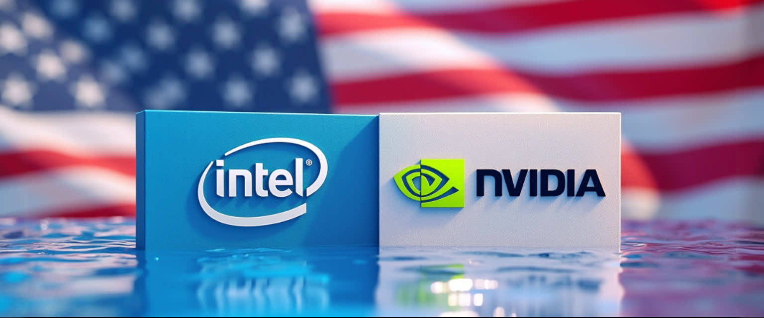 Intel-logo til venstre, Nvidia-logo til høyre, amerikansk flagg, solfylt dag. Intel-logo til venstre, Nvidia-logo til høyre, amerikansk flagg, solfylt dag.
