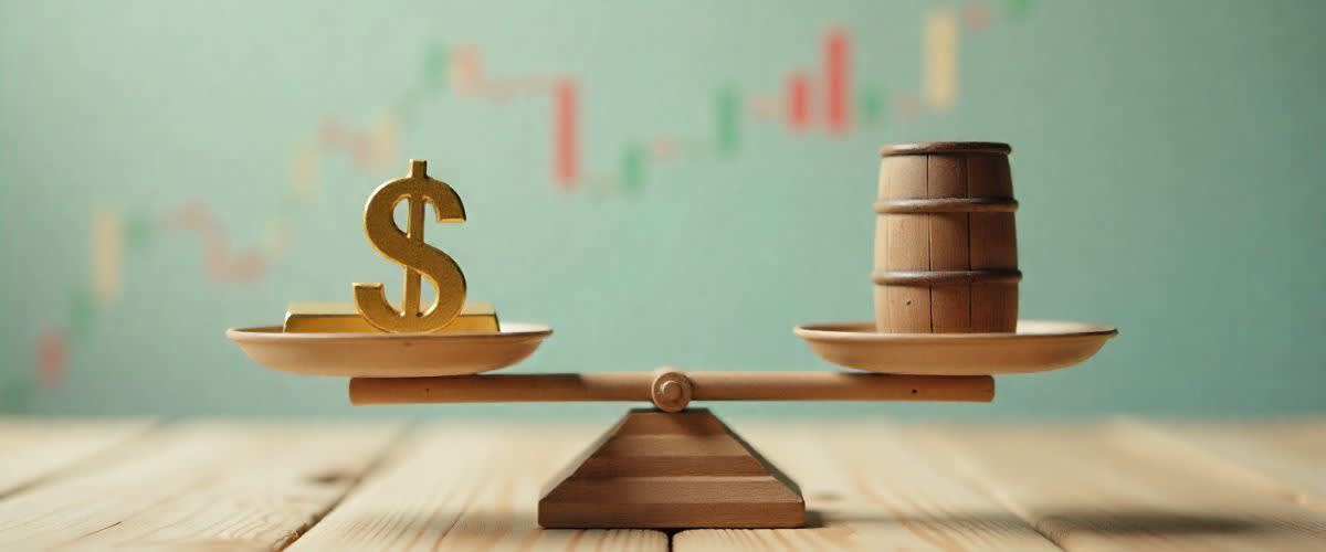 A balance scale displaying USD on one side and oil on the other, symbolizing Correlations A balance scale displaying USD on one side and oil on the other, symbolizing Correlations