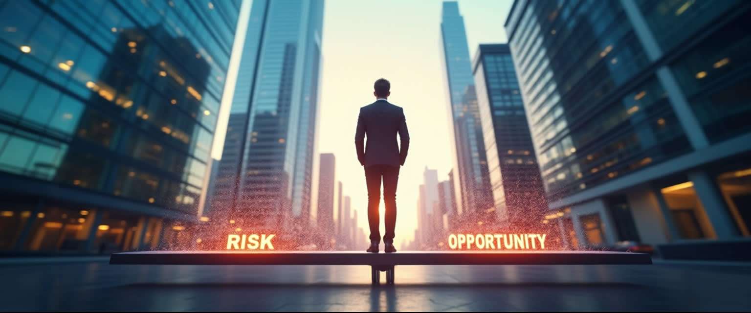 Trader on balance beam between skyscrapers, glowing lever tilting between "Risk" and "Opportunity". Trader on balance beam between skyscrapers, glowing lever tilting between