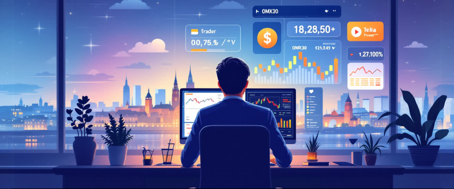 Sweden day trading: trader, OMX30, Telia, forex charts, Stockholm skyline, Nordic light Sweden day trading: trader, OMX30, Telia, forex charts, Stockholm skyline, Nordic light