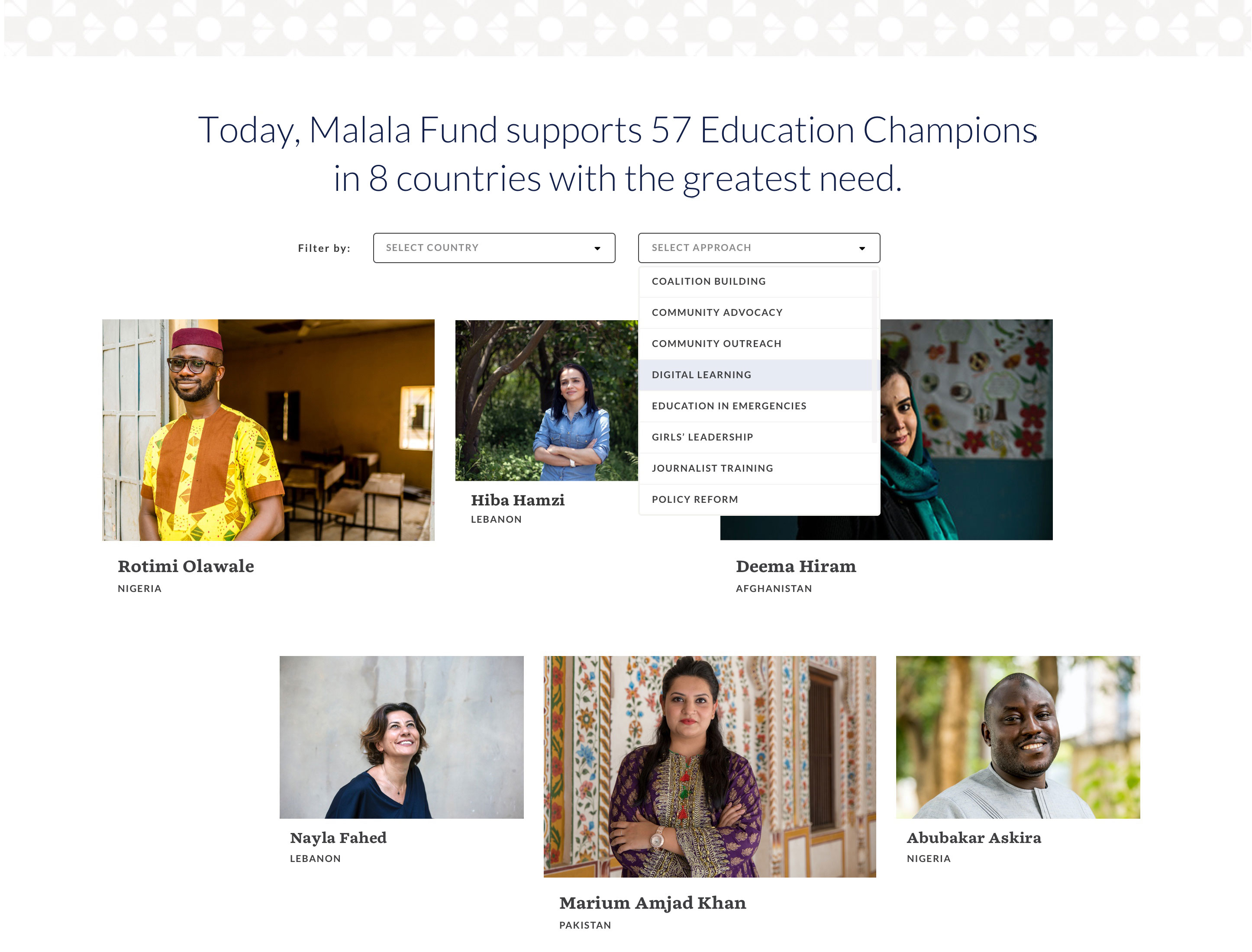 Interactive grid and filtering detail of Malala Fund Education Champions. Filters show ability to narrow Champions by Country or Approach. Two men and four women from Nigeria, Lebanon, Afghanistan and Pakistan.