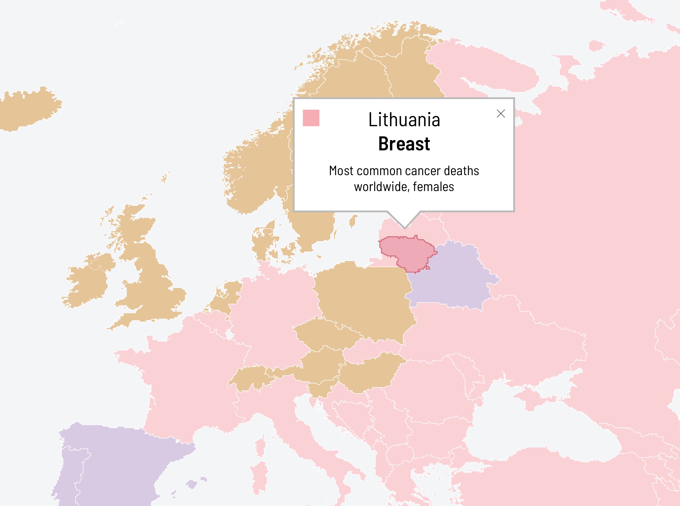 Map of Europe. Headline reads Lithuania, Breast, most common cancer deaths worldwide females