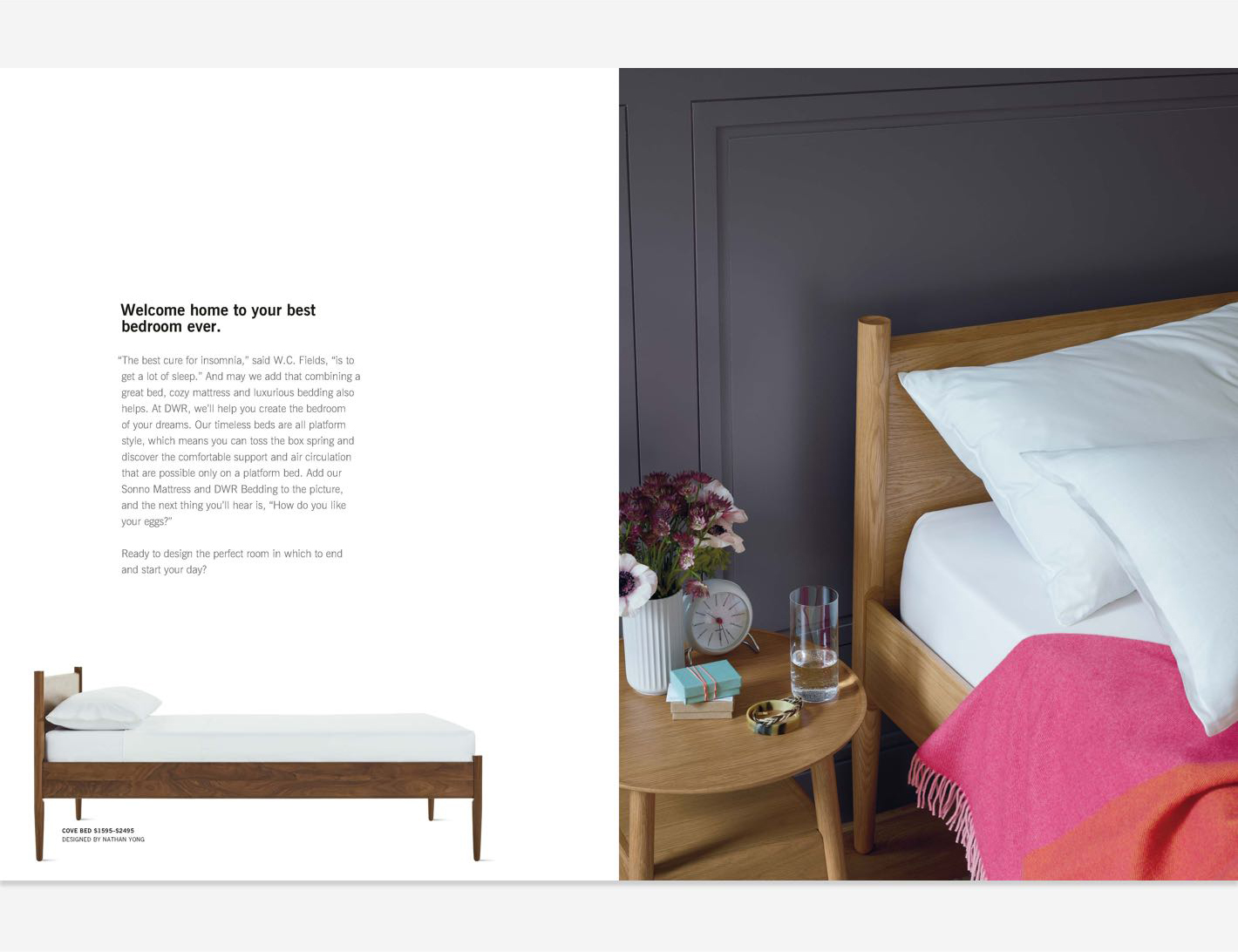 DWRC catalog page featuring bedroom furniture and accessories. Detail of wood bed with two pillows, pink blanket. Wood side table next to bed with flowers in a vase.