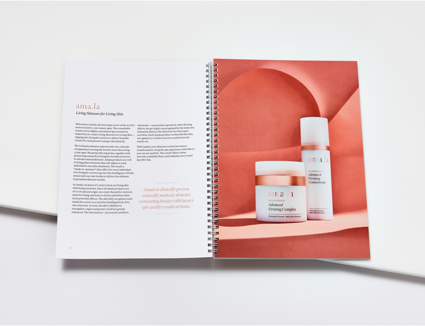 Amala training manual spread featuring Advanced Firming Complex and Advanced Firming Concentrate