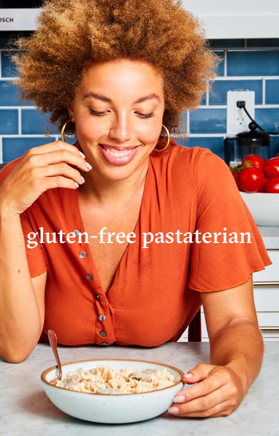 Woman in a kitchen eating a bowl of food. Headline reads Gluten-free Pastaterian