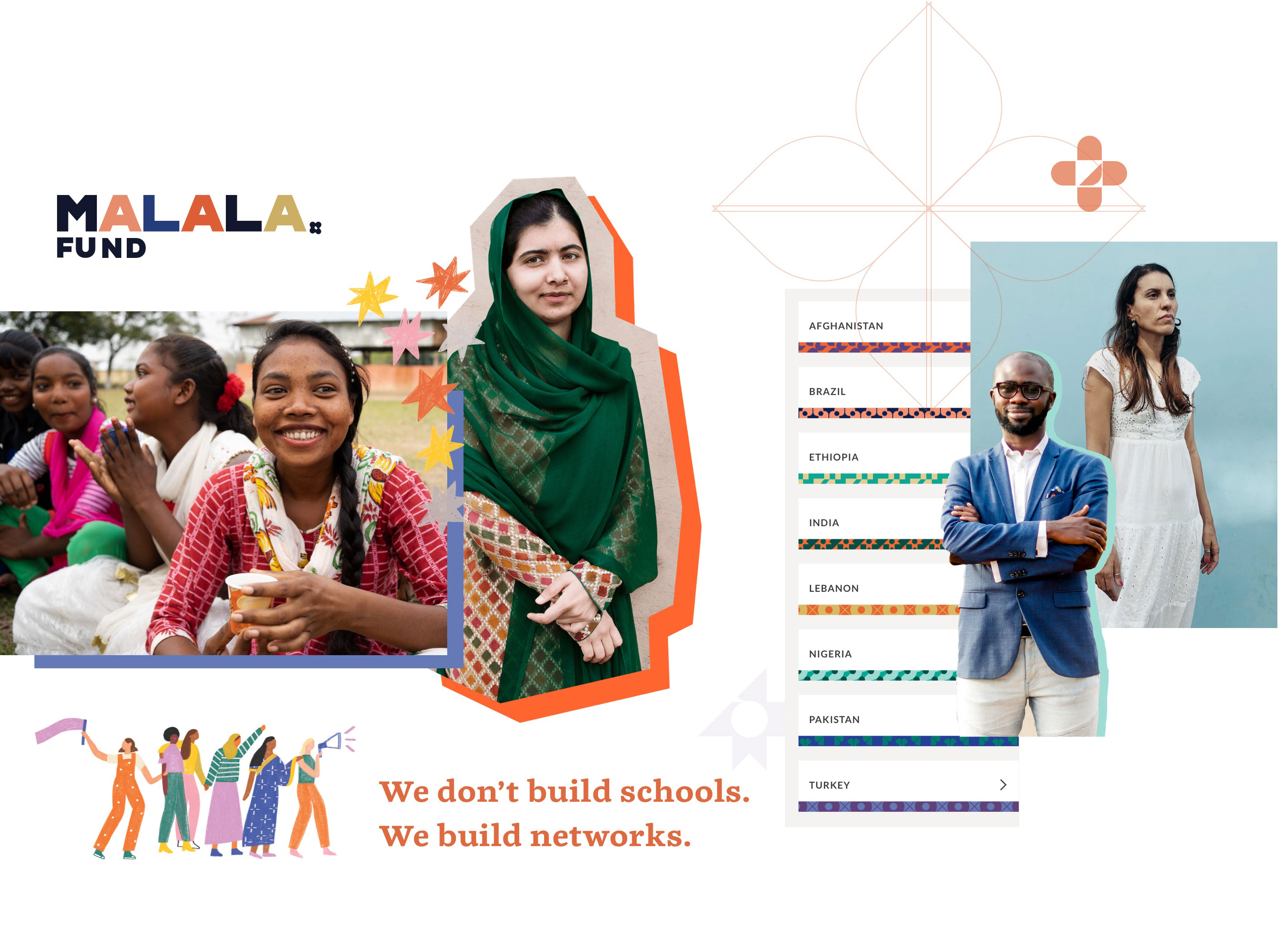 Collage of UI details from malala.org including Malala Fund logo, flower logos, country patterns, illustration of girls and Malala. Headline reads "We don't build schools. We build networks."