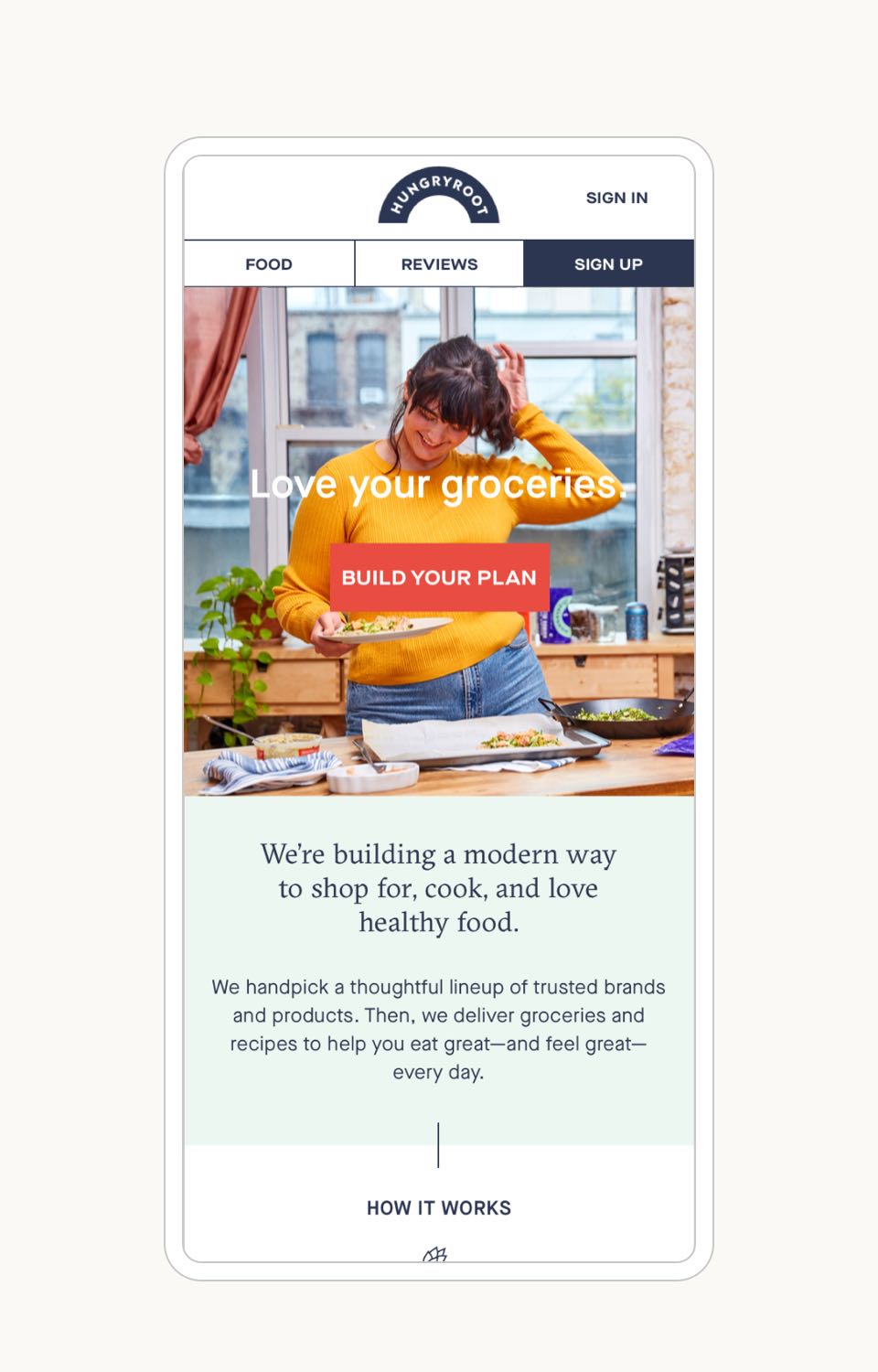 Woman eating a meal in a kitchen. Headline reads Love your Groceries, Build your Meal