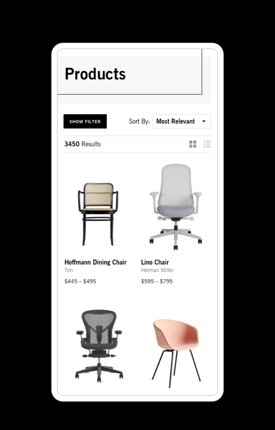DWRC mobile product list page featuring Hoffmann dining chair and Lino chair