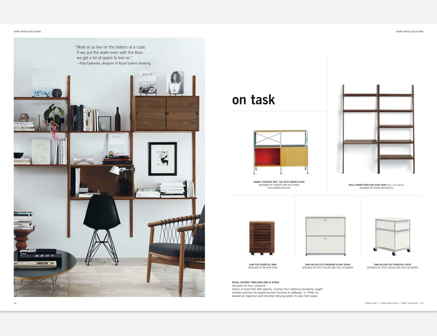 DWRC catalog pages featuring shelving and storage products, chairs and accessories