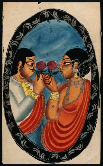Two lovers holding roses enclosed in an oval frame. Watercolour. Credit: Wellcome Library, London. Copyrighted work available under Creative Commons by-nc 2.0 UK