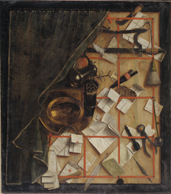 Cornelius Norbertus Gijsbrechts (1657-1683), Trompe l'oeil. Brevvaeg med bartskaer-instrumenter, 1668