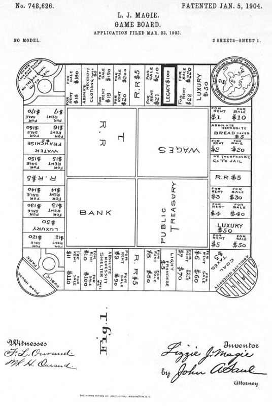 Drawing for a Game Board, 01/05/1904. This is the printed patent drawing for a game board invented by Lizzie J. Magie. From the U.S. National Archives. Public domain. 
Source: Brian0918 Wikimedia Commons