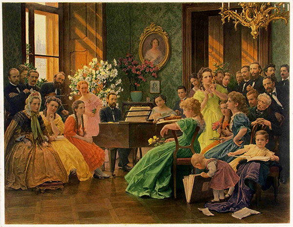 painting of a large group of men, women and children surrounding a man playing the piano