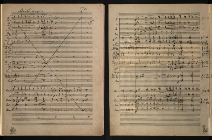 In those two pages from the first movement of Bruckner’s 8th Symphonie, you can see on the left page how he crossed out a four bar long passage writing “bleibt weg” (omitted). On the right page – how Bruckner revised and changed parts of the score. (Mus.Hs.19480 Mus), Austrian National Library – Public Domain.