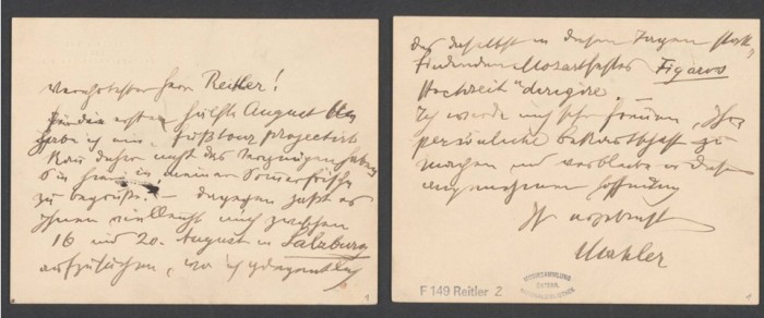 A postcard letter from Gustav Mahler to his friend Josef Reitler in summer of 1906 (F149.Reitler.2 Mus) Austrian National Library – Public Domain.