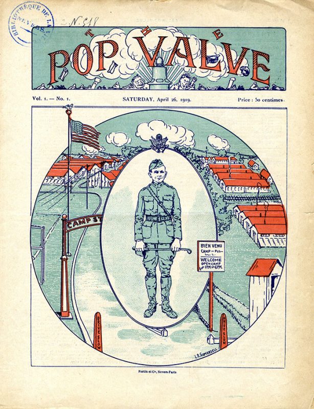 newspaper with illustration of soldier and camp on the cover