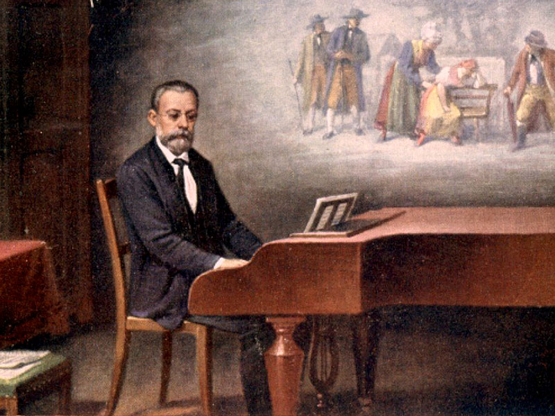 painting of man sitting at a piano