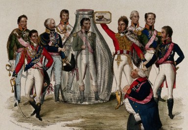 'European royals and martial heroes marvel at the sight of the defeated Napoleon Bonaparte standing in a glass bottle in their midst', Wellcome Library, London
