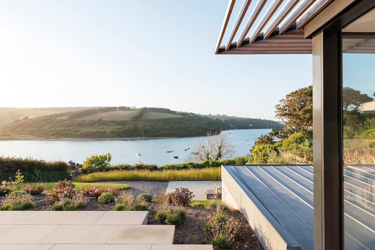 Terrace view from Follow The River, a Plum Guide home in Devon.