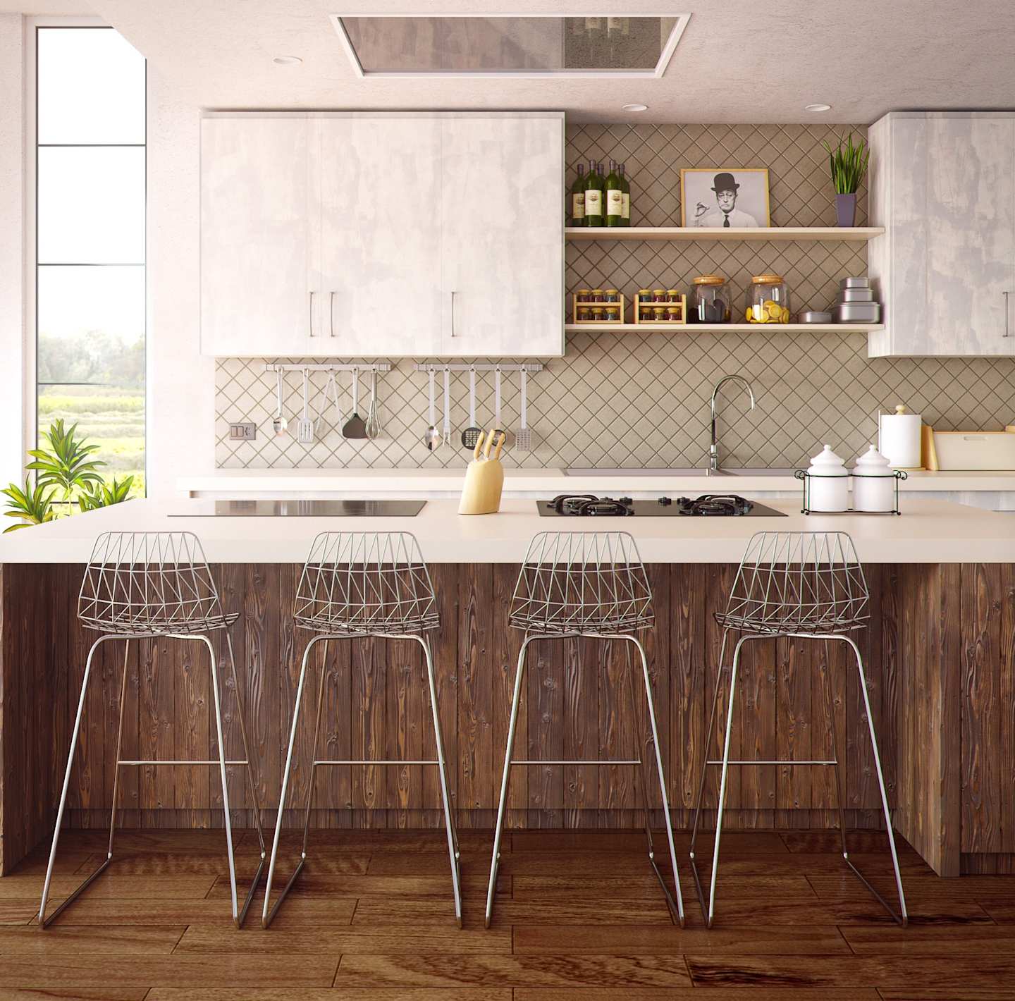 Four stools at the counter in a stunning kitchen